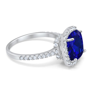 Halo Cushion Engagement Ring Simulated Blue Sapphire CZ 925 Sterling Silver